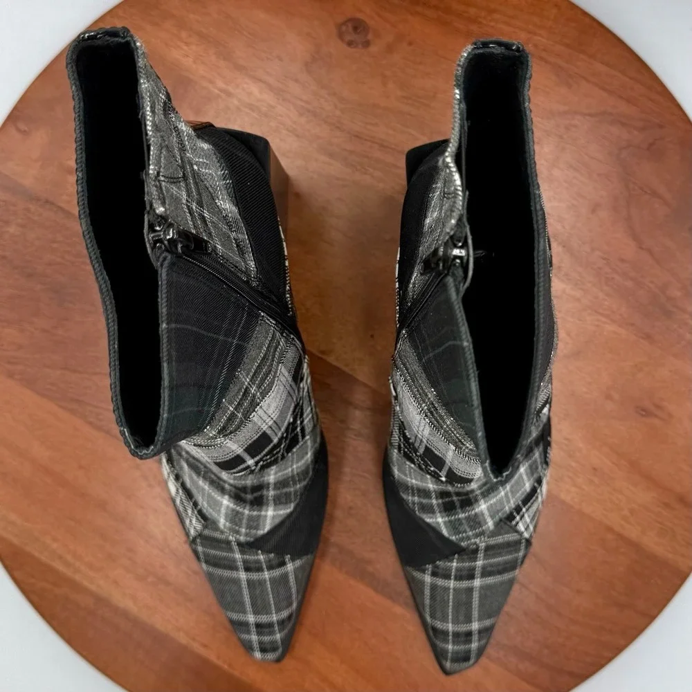 Jeffrey Campbell Siren Plaid Patchwork Ankle Boots Pointed Toe Black‎ Gray W 9